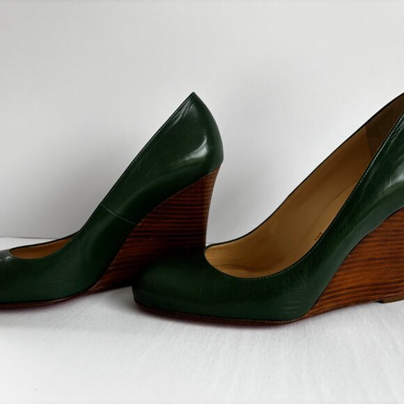 Christian Louboutin Miss Boxe Green Leather & Wood Wedges Shoes 39.5 - Picture 4 of 11